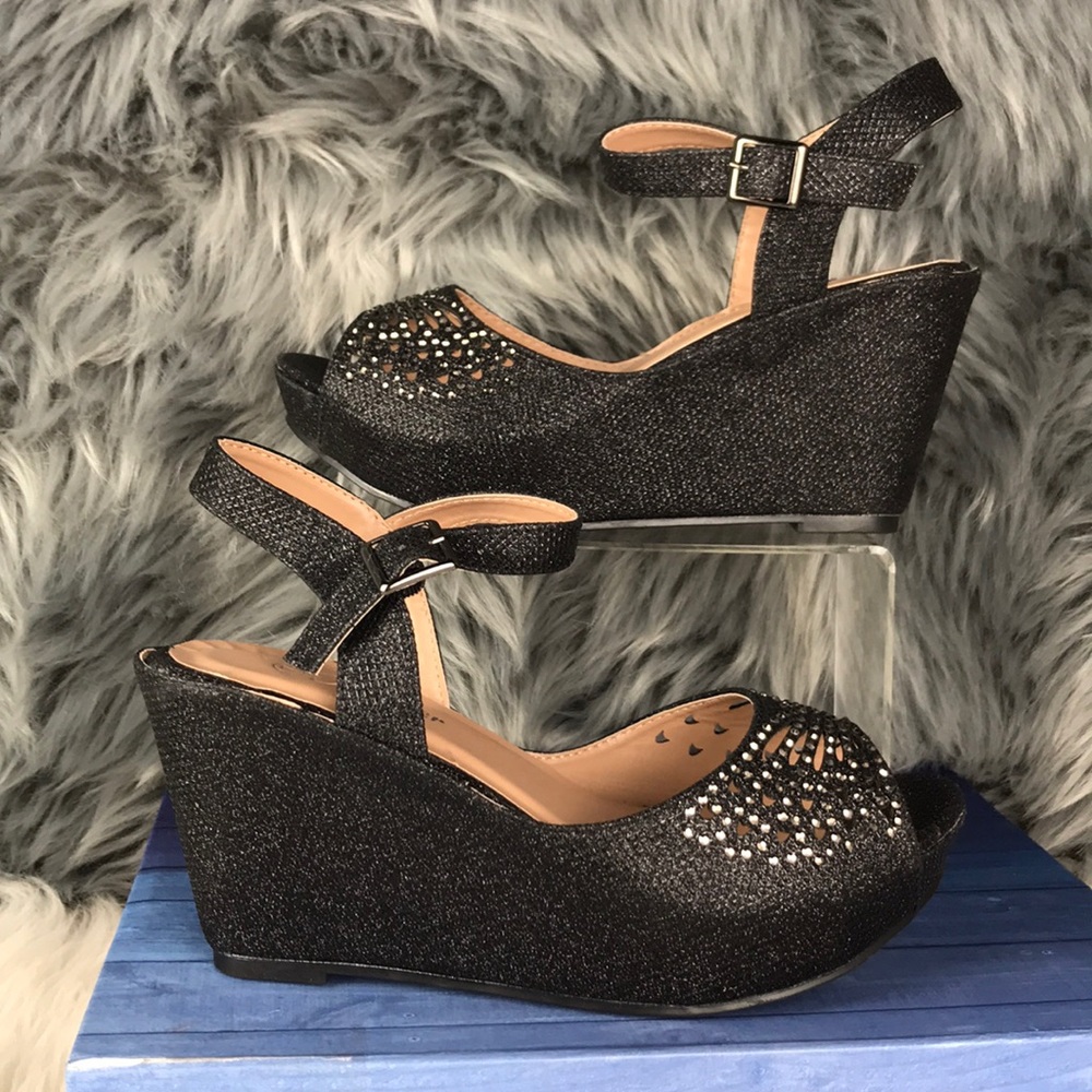 Open Toe Rhinestone Wedge Heels